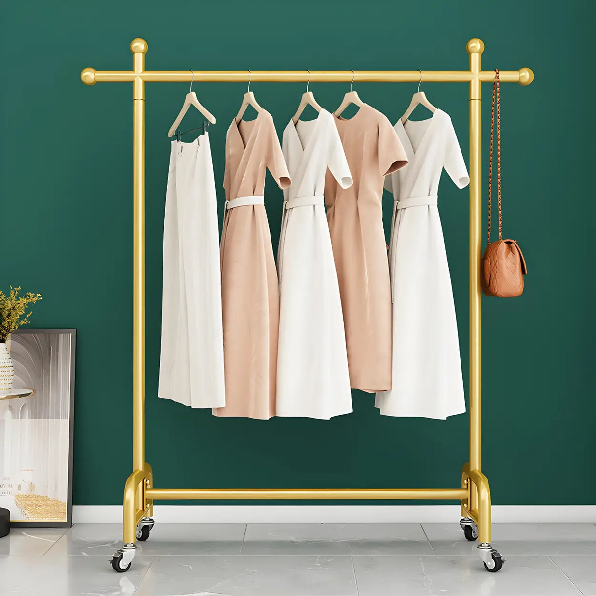 Simple Gold Metal Rolling Coat Rack with Hooks and Casters Image - 2