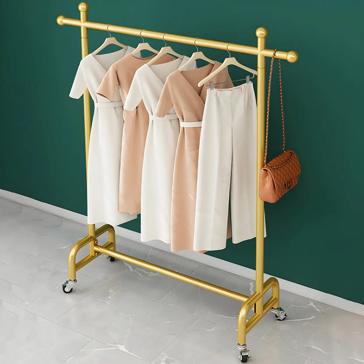 Simple Gold Metal Rolling Coat Rack with Hooks and Casters Image - 3