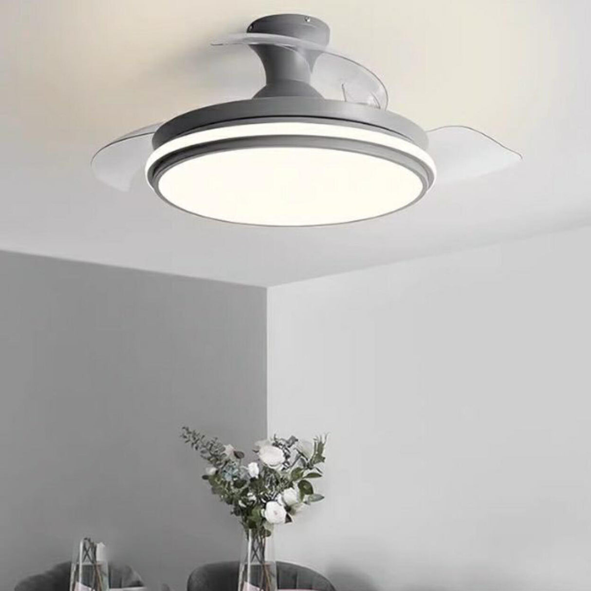 Simple Grey Round 3 Blade Modern Ceiling Fan with Light Image - 5