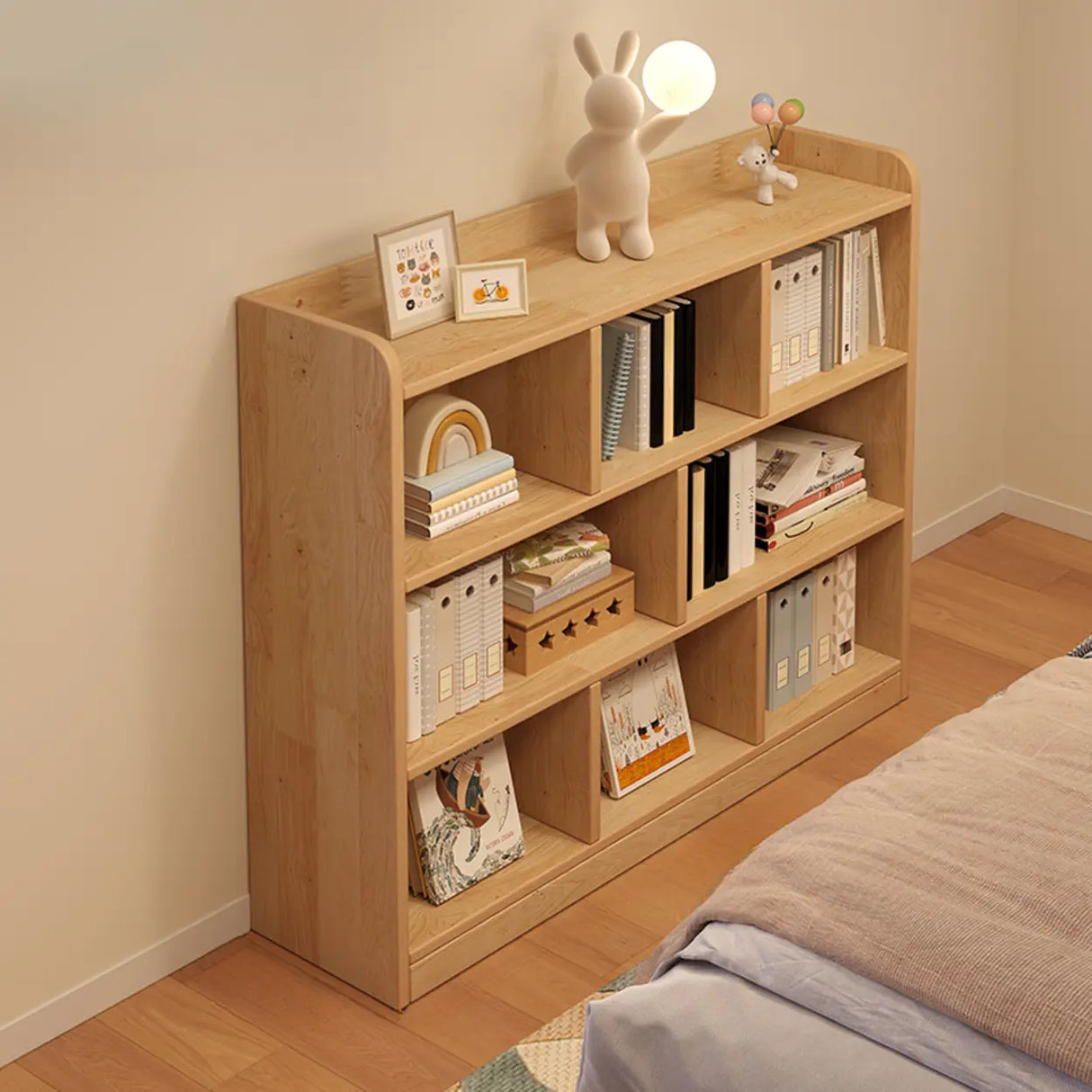 Simple Horizontal Natural Pine Low Storage Bookcase Image - 10
