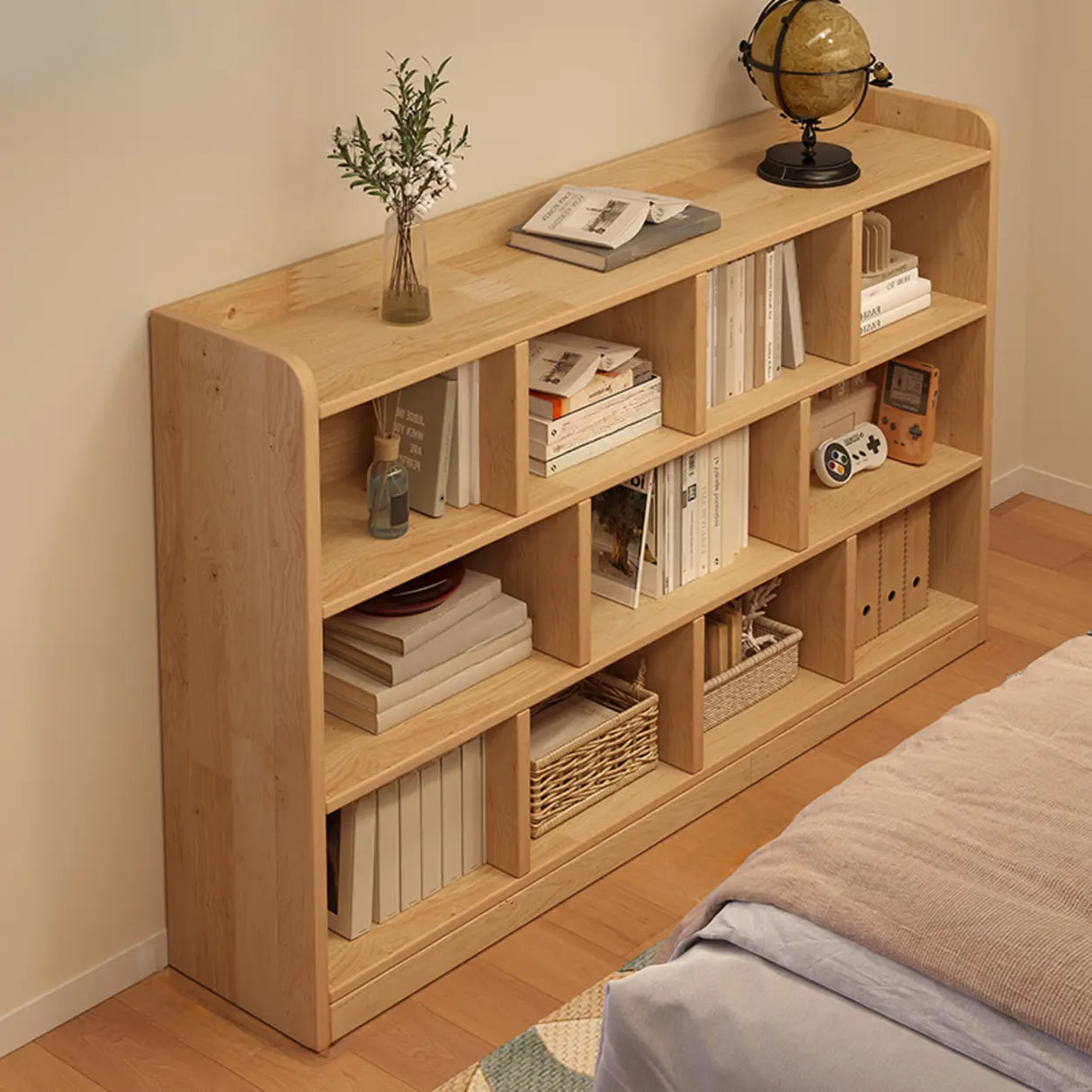 Simple Horizontal Natural Pine Low Storage Bookcase Image - 15