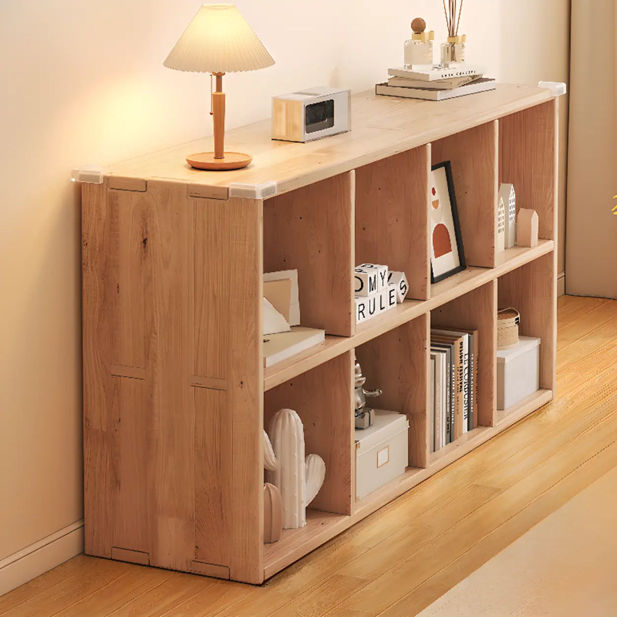 Simple Horizontal Natural Pine Low Storage Bookcase Image - 19