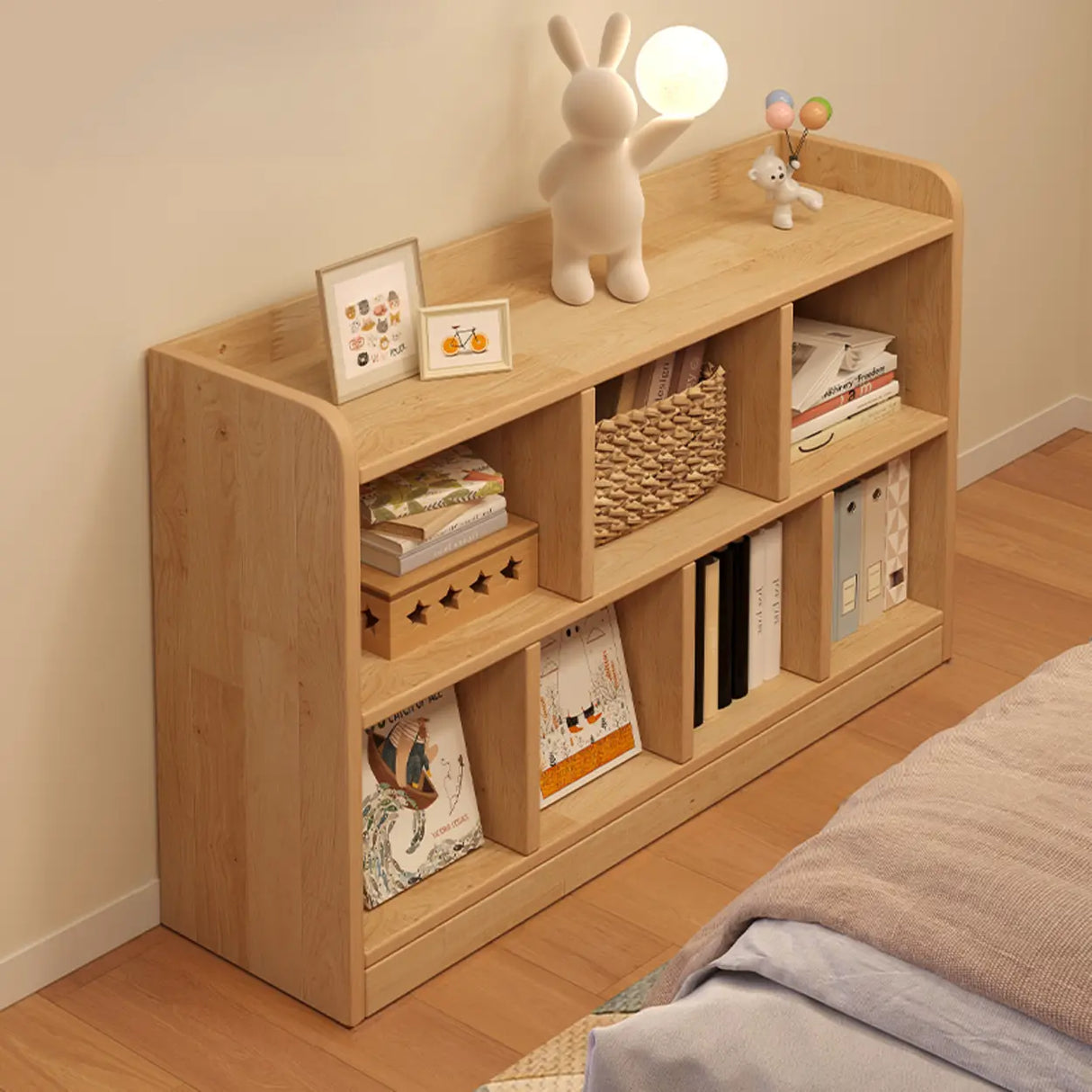 Simple Horizontal Natural Pine Low Storage Bookcase Image - 2