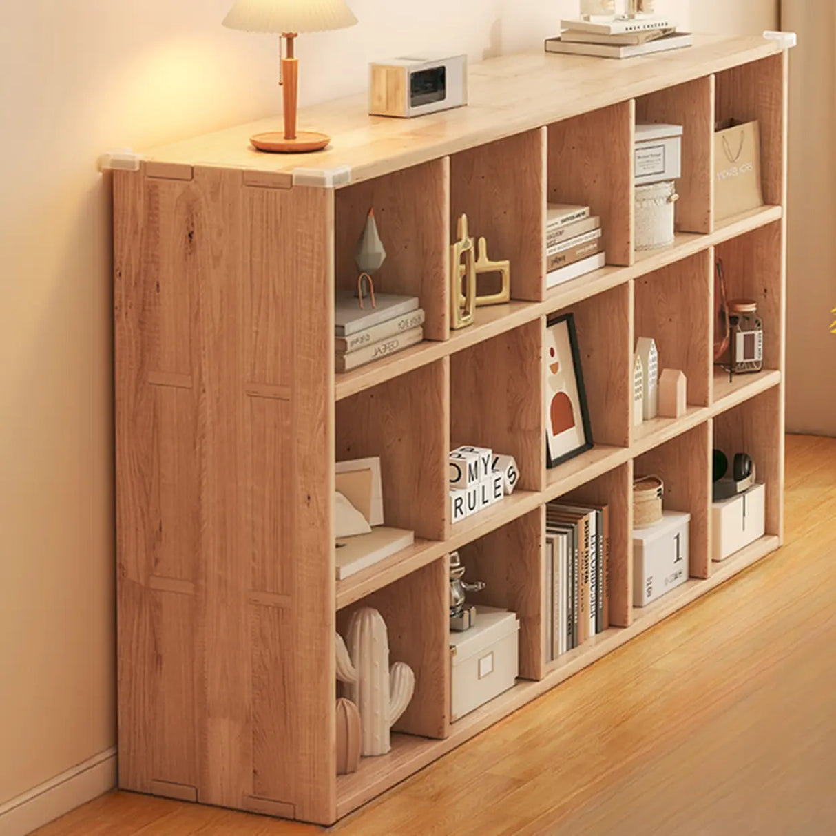 Simple Horizontal Natural Pine Low Storage Bookcase Image - 24