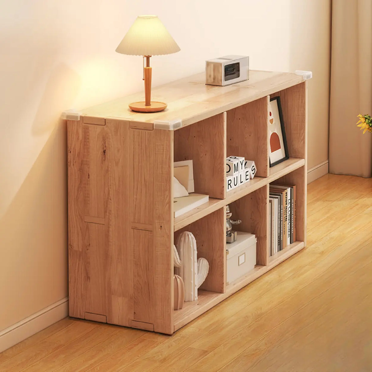 Simple Horizontal Natural Pine Low Storage Bookcase Image - 25