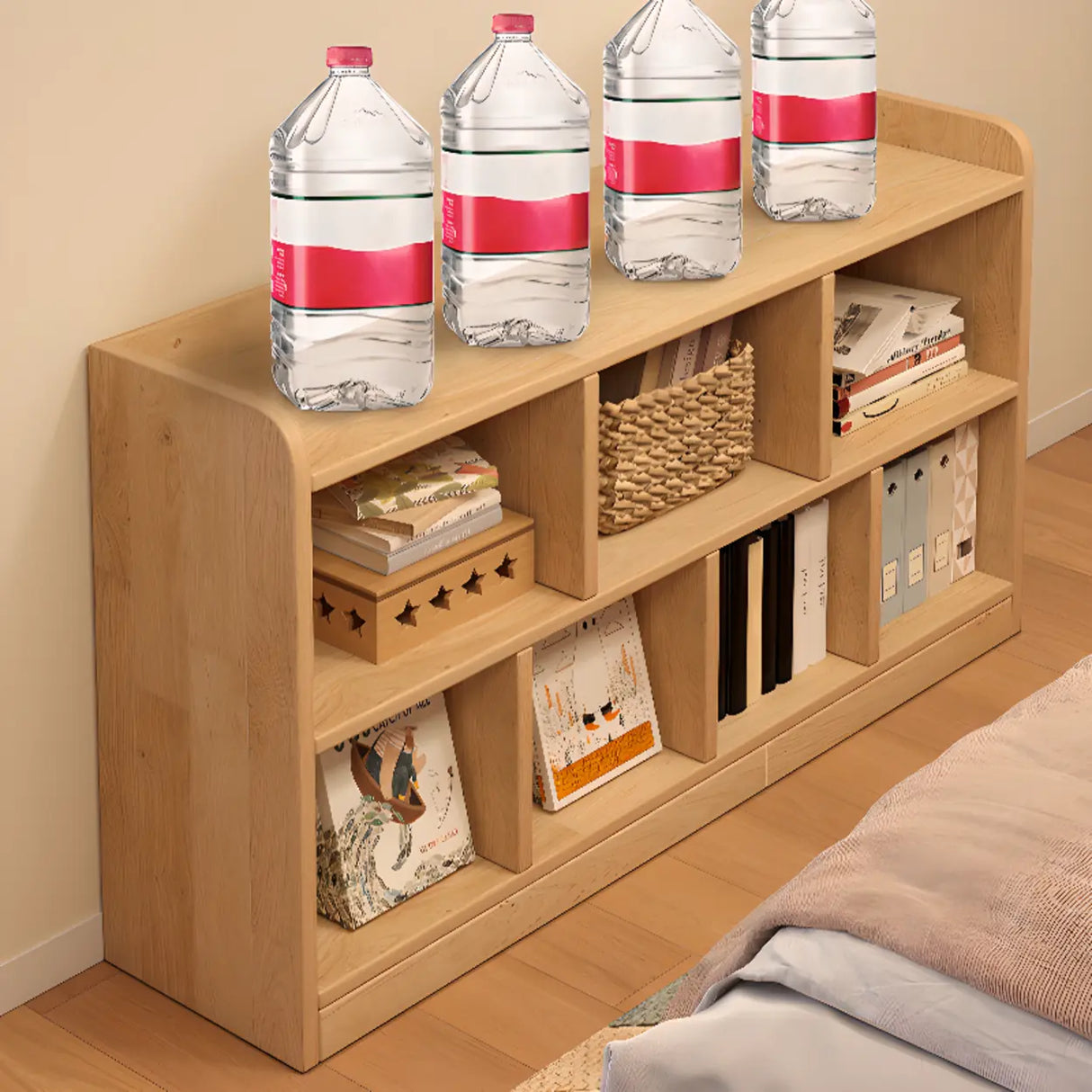 Simple Horizontal Natural Pine Low Storage Bookcase Image - 3