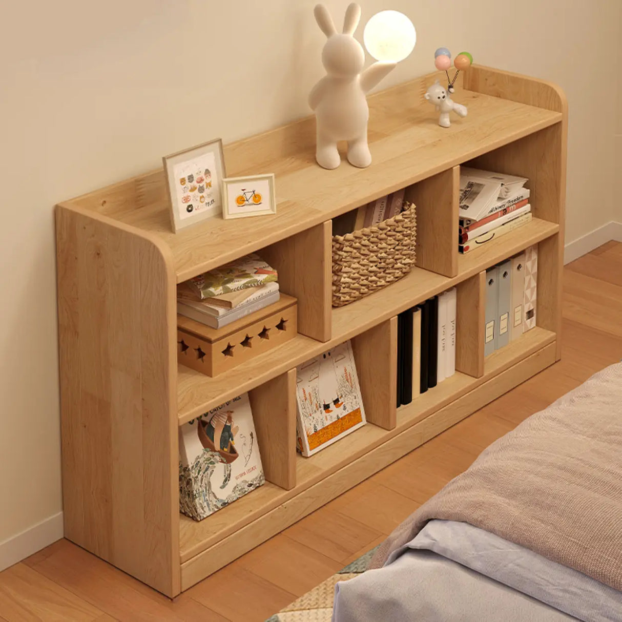 Simple Horizontal Natural Pine Low Storage Bookcase Image - 4
