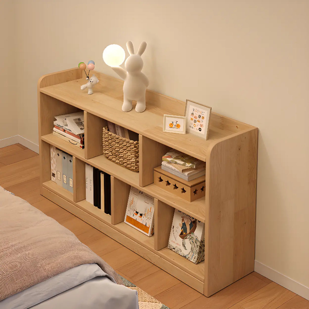 Simple Horizontal Natural Pine Low Storage Bookcase Image - 6