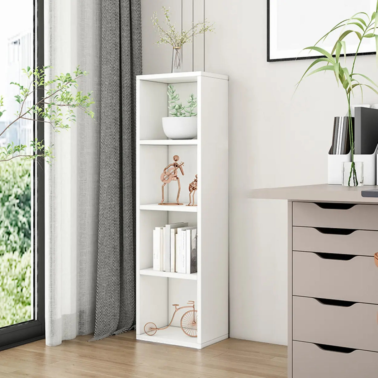 Simple Ivory Rectangular Wood Vertical Storage Bookcase Image - 3