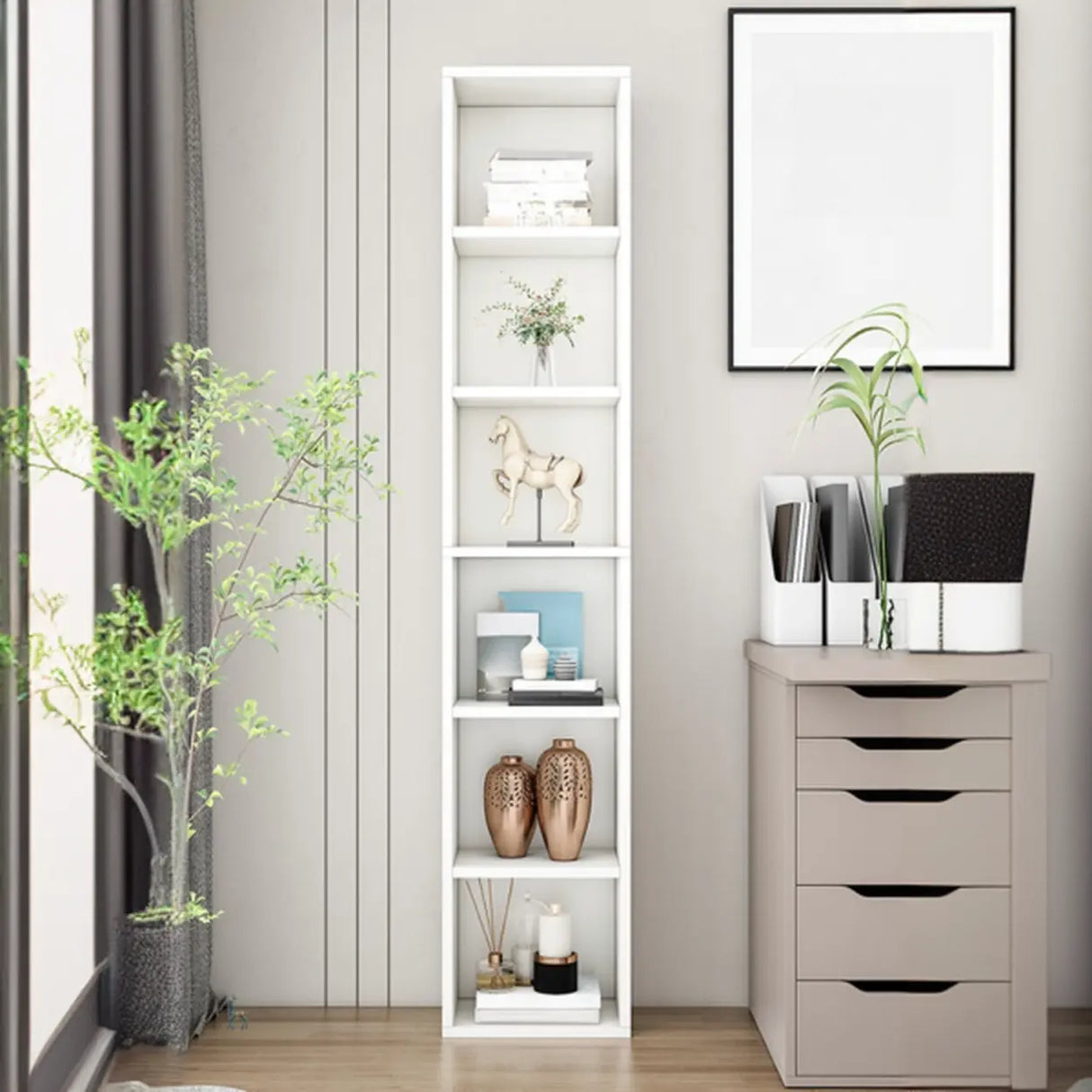 Simple Ivory Rectangular Wood Vertical Storage Bookcase Image - 4