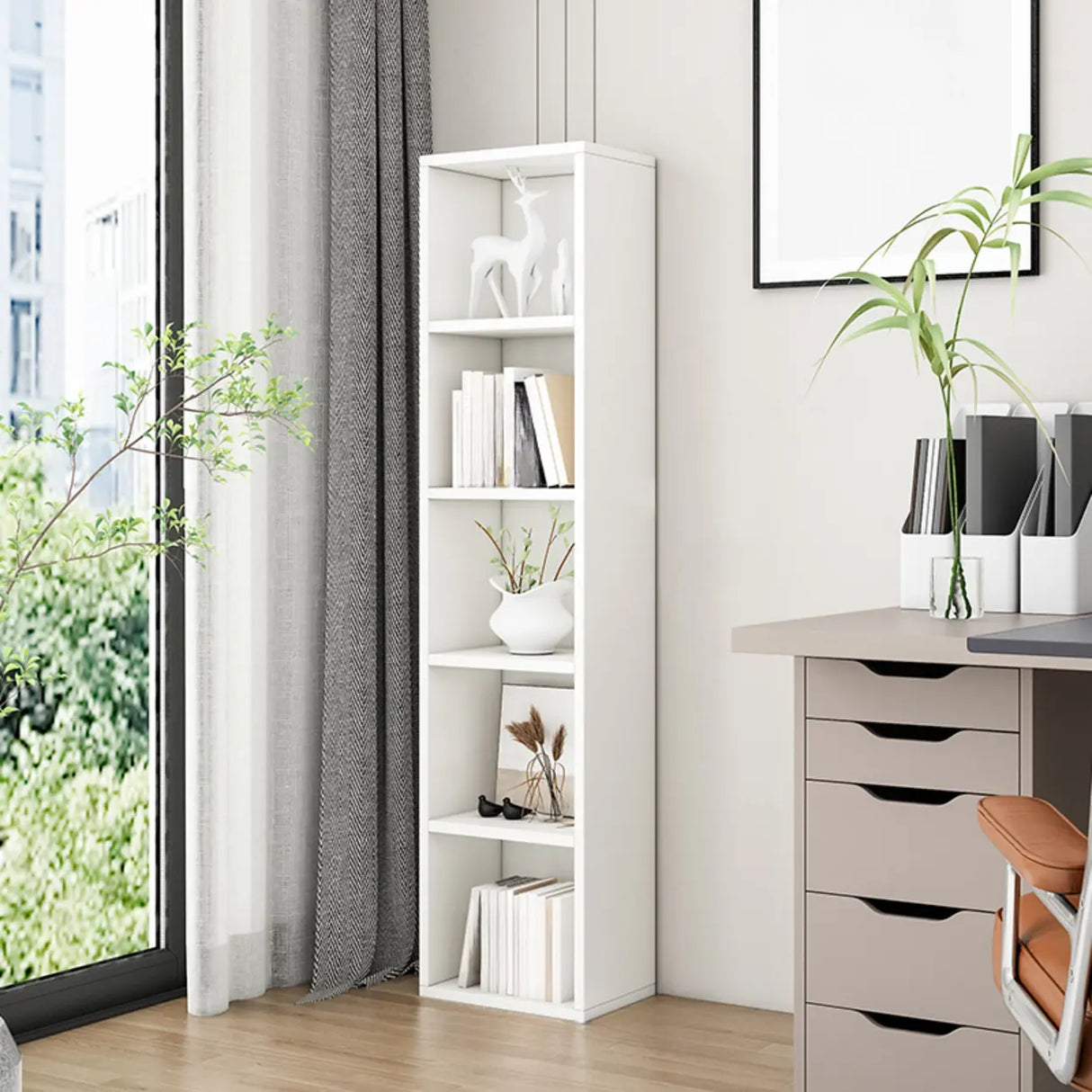 Simple Ivory Rectangular Wood Vertical Storage Bookcase Image - 5