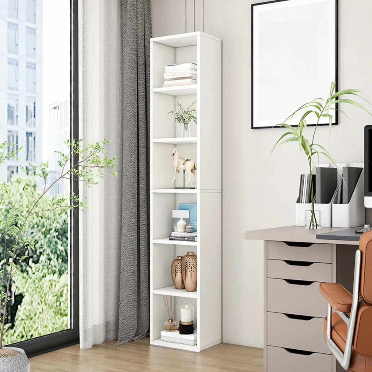 Simple Ivory Rectangular Wood Vertical Storage Bookcase Image - 7