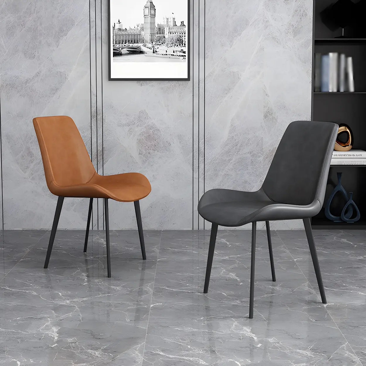 Simple Low Back Leather Side Chair with Metal Legs Image - 22