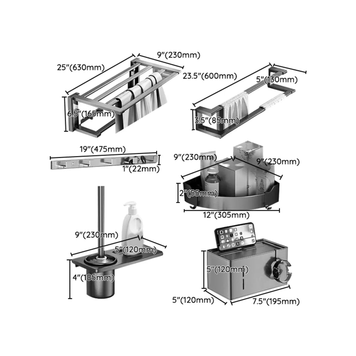 Simple Metal Grey Bathroom Hardware Set with Shelves