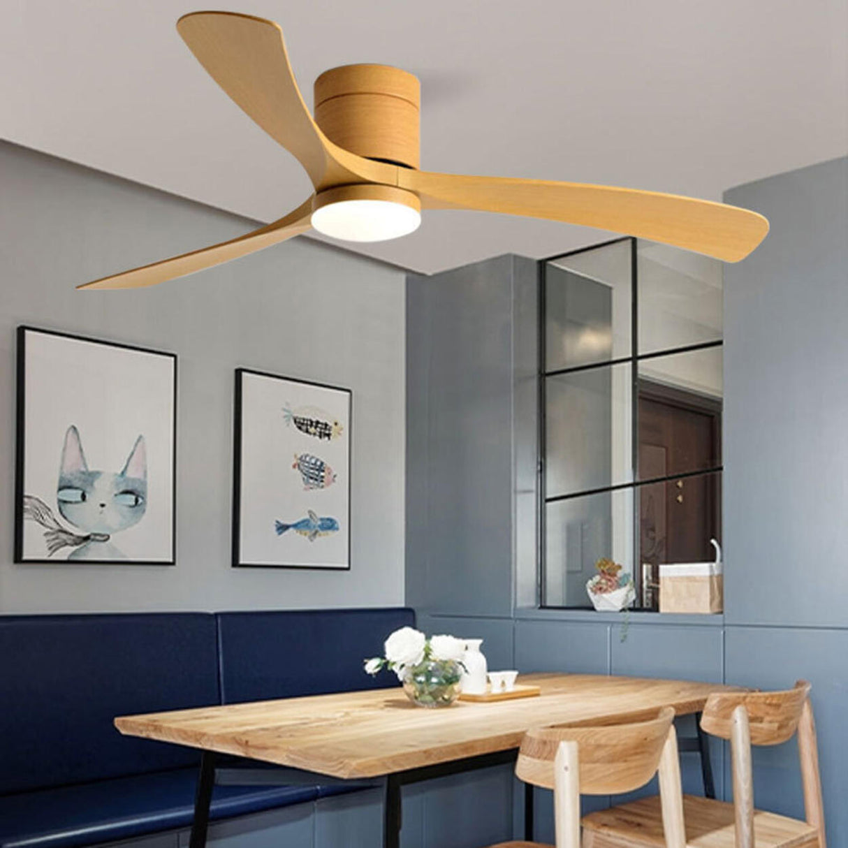 Simple Modern 3 Blade Dimming Wood Ceiling Fan Light Image - 18
