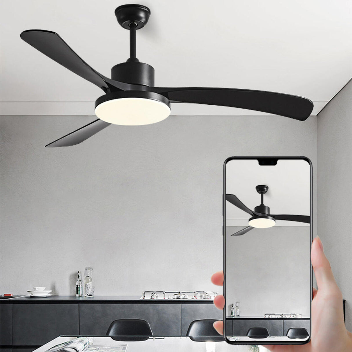 Simple Modern 3 Blade Dimming Wood Ceiling Fan Light Image - 3