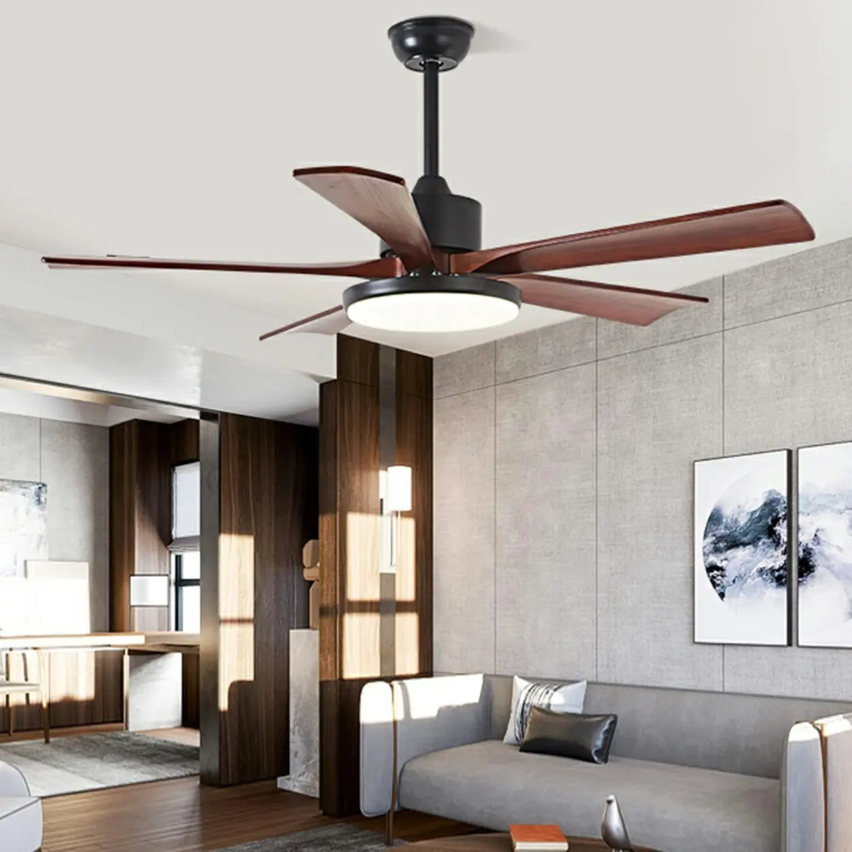 Simple Modern 5 Blade Solid Wood Ceiling Fan with Light Image - 1