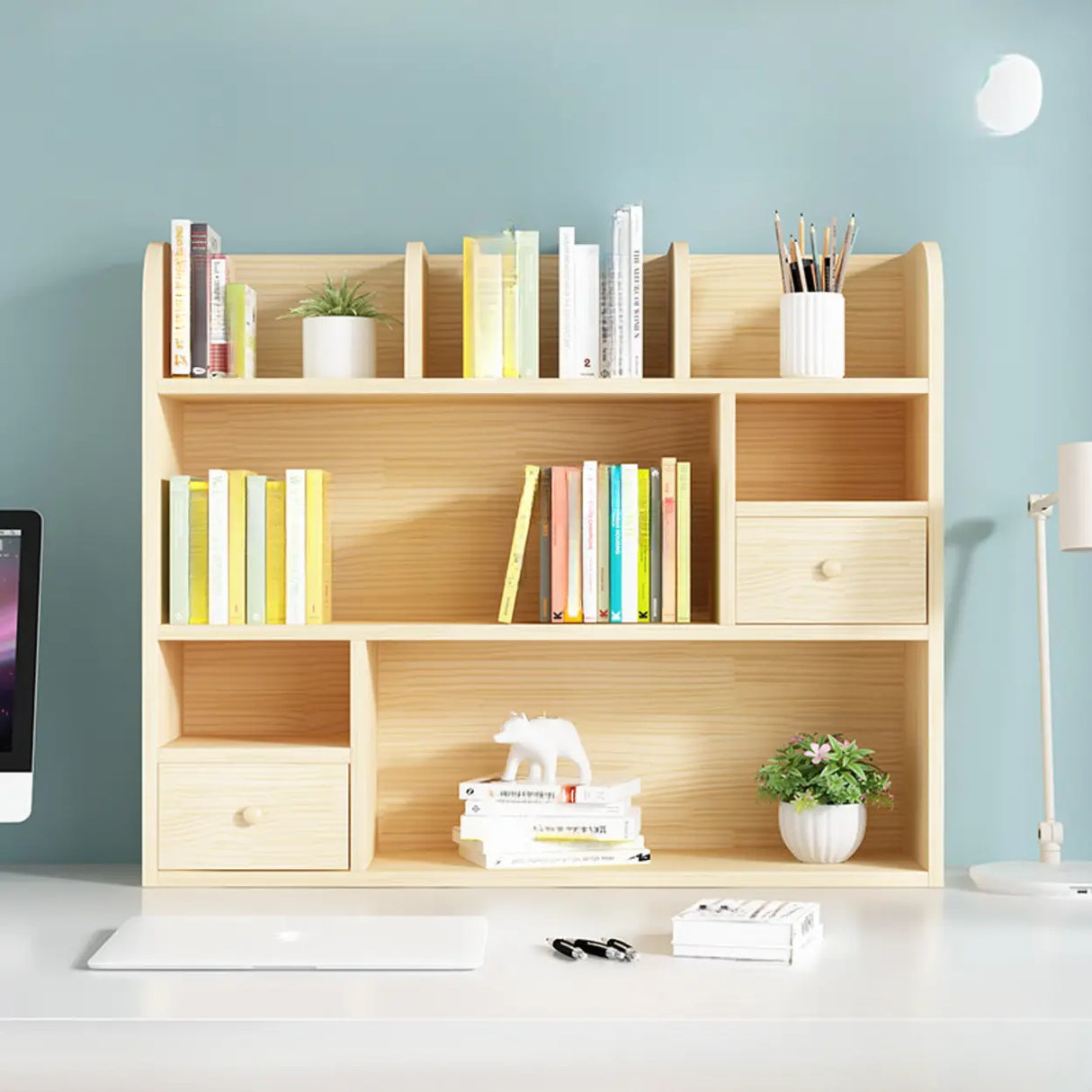 Simple Modern Desktop Wood Grain Storage Bookshelf Image - 1