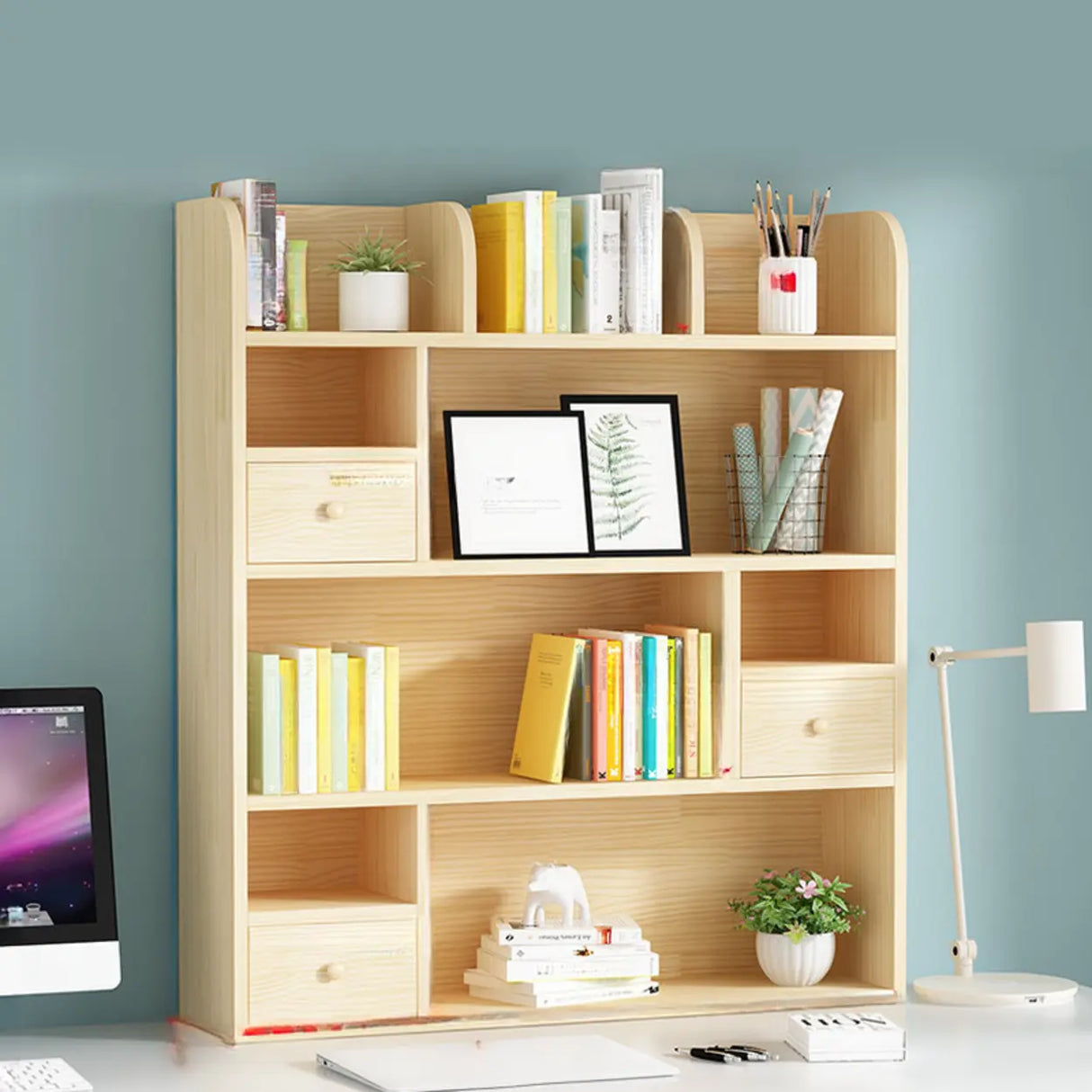 Simple Modern Desktop Wood Grain Storage Bookshelf Image - 11