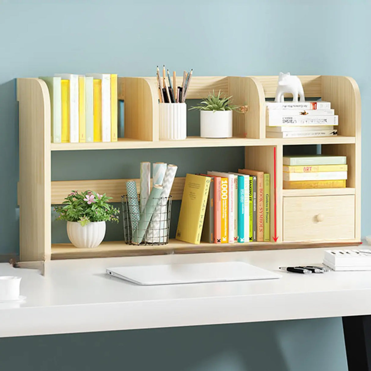 Simple Modern Desktop Wood Grain Storage Bookshelf Image - 12