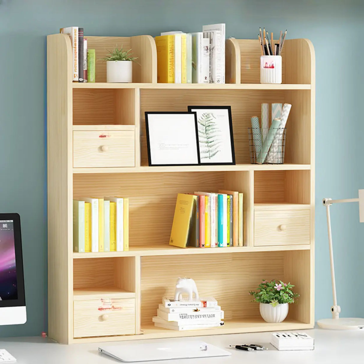 Simple Modern Desktop Wood Grain Storage Bookshelf Image - 13