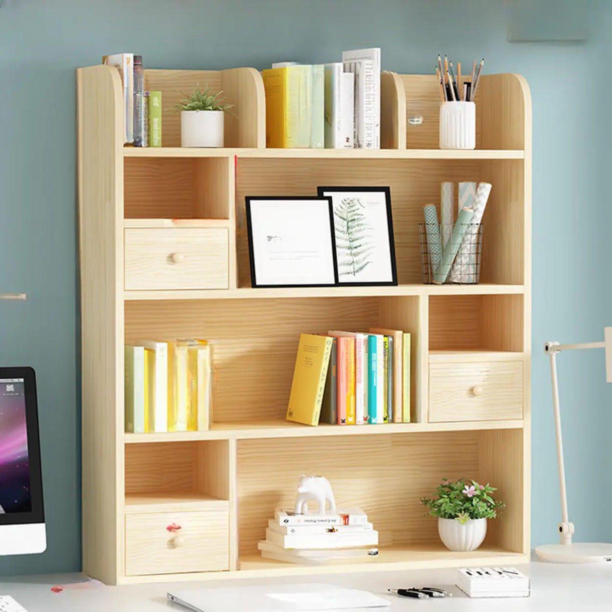 Simple Modern Desktop Wood Grain Storage Bookshelf Image - 14