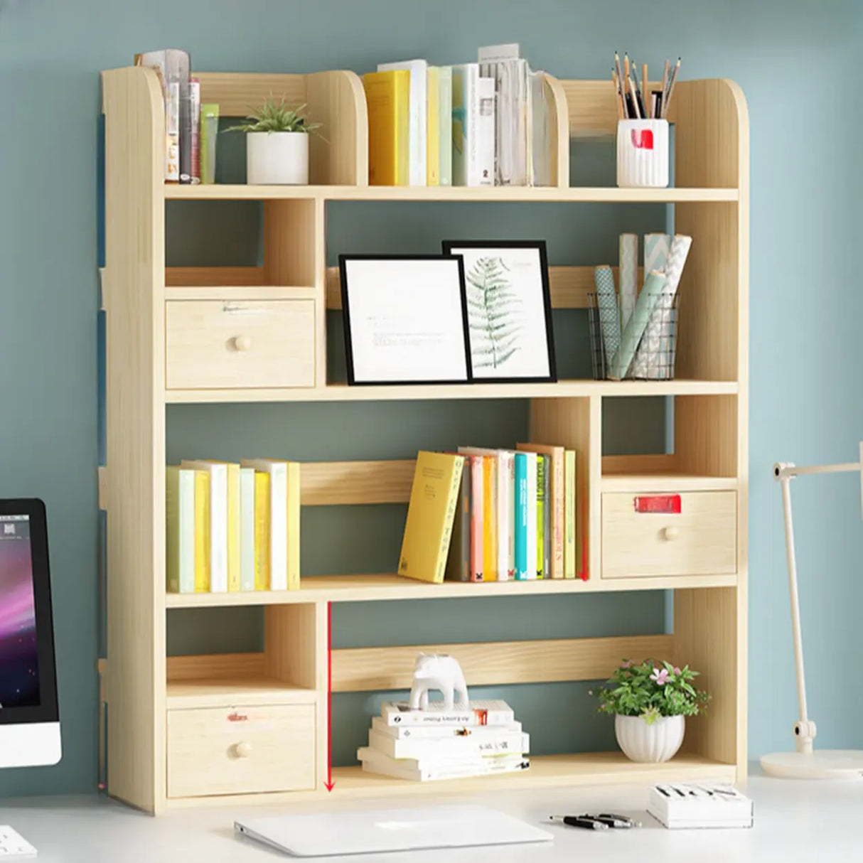 Simple Modern Desktop Wood Grain Storage Bookshelf Image - 16