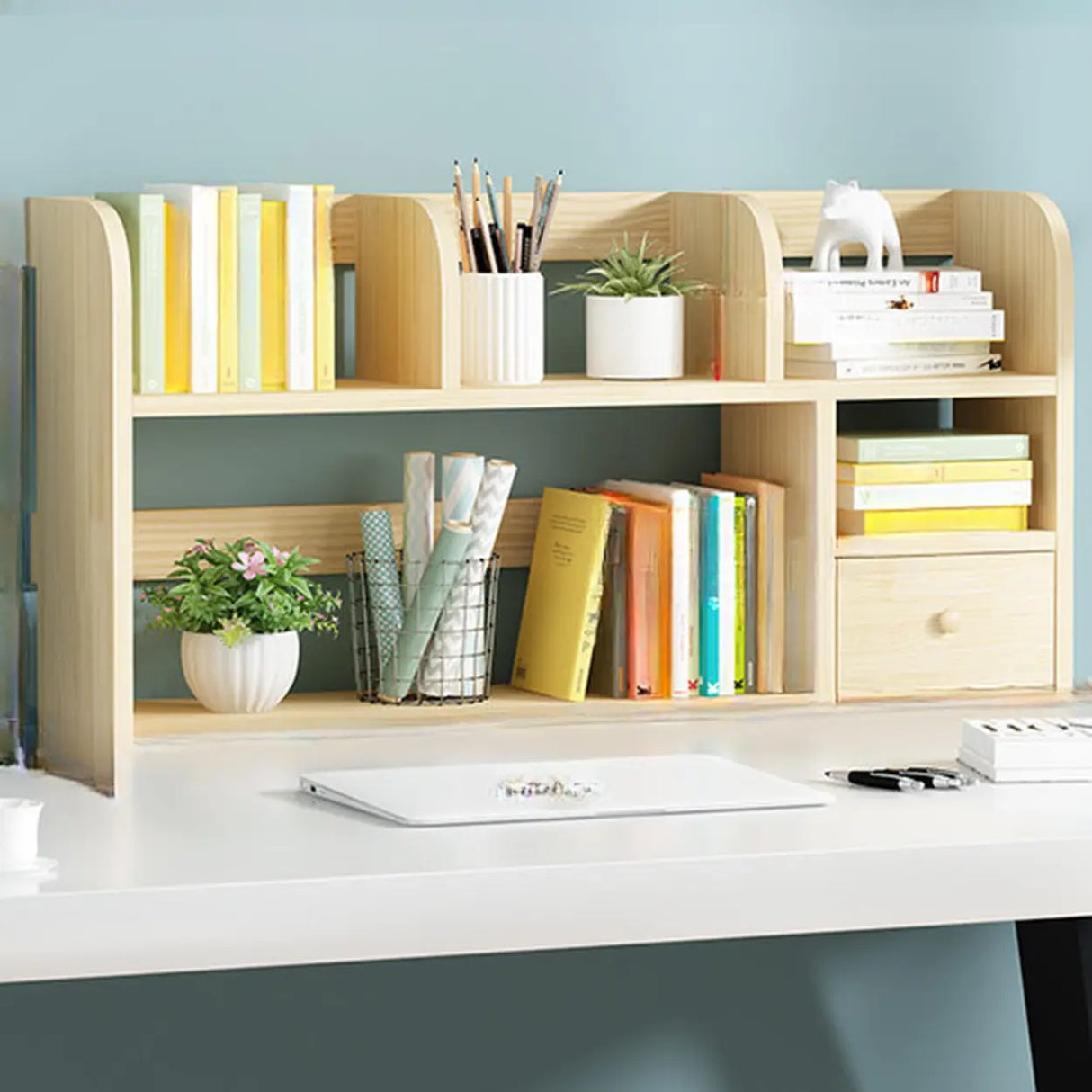 Simple Modern Desktop Wood Grain Storage Bookshelf Image - 17