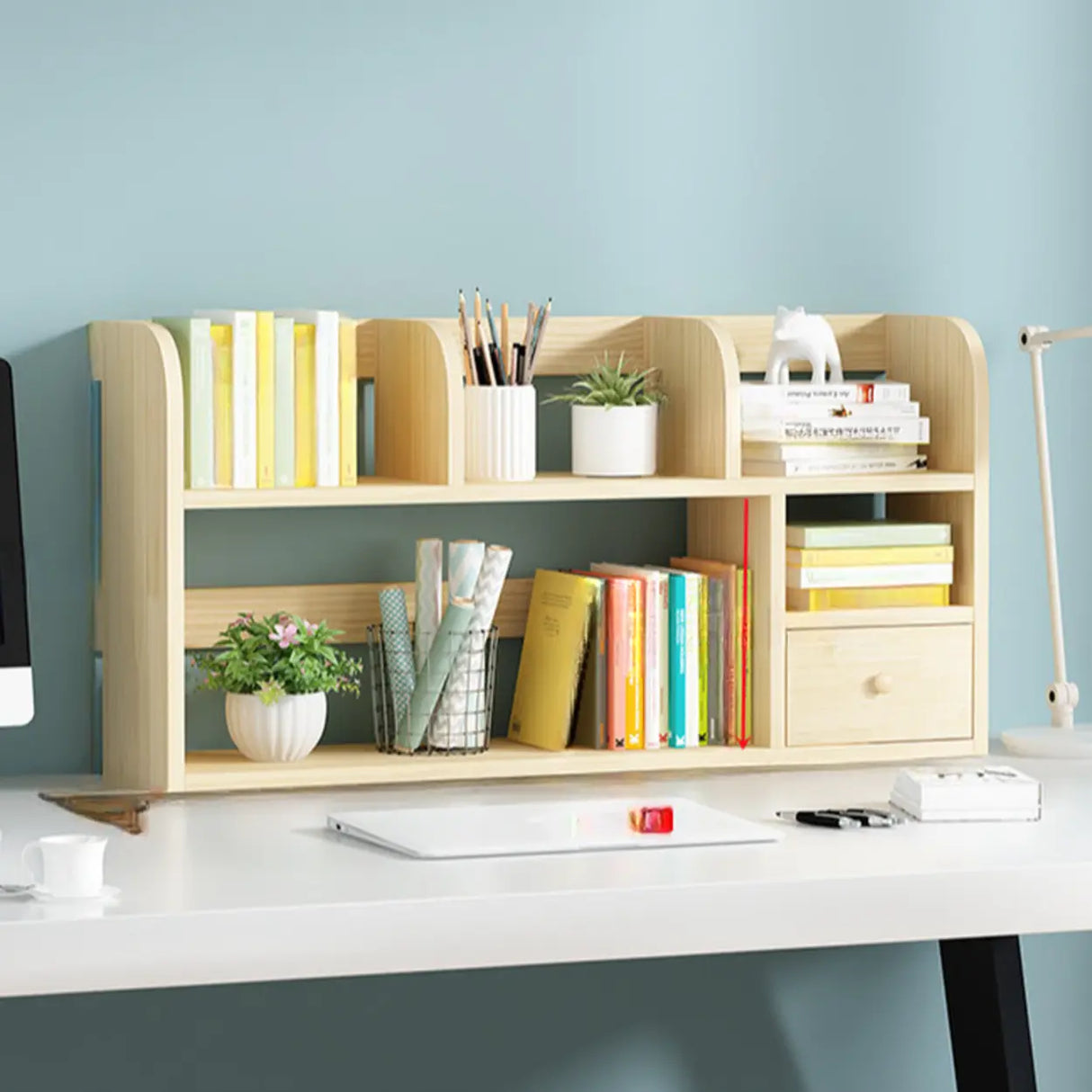 Simple Modern Desktop Wood Grain Storage Bookshelf Image - 19