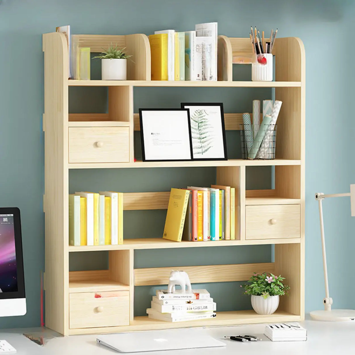Simple Modern Desktop Wood Grain Storage Bookshelf Image - 20