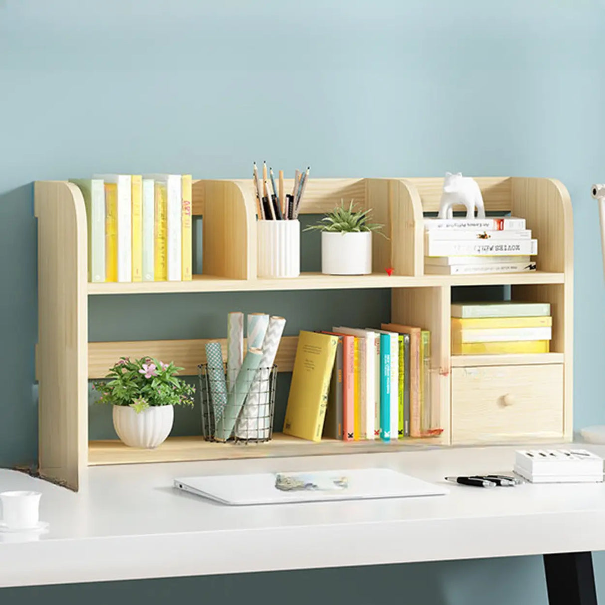 Simple Modern Desktop Wood Grain Storage Bookshelf Image - 21