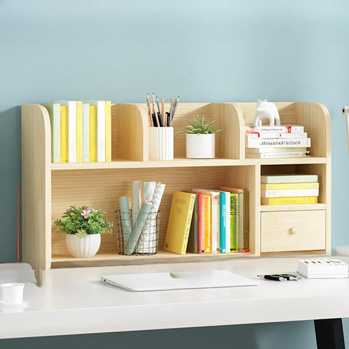 Simple Modern Desktop Wood Grain Storage Bookshelf Image - 23