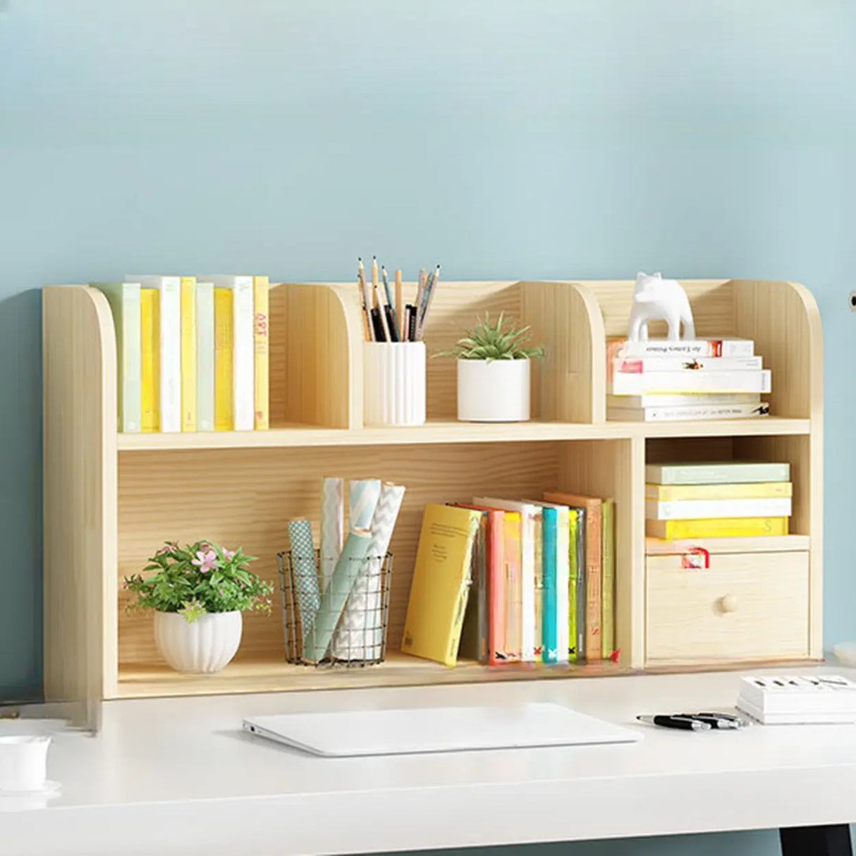 Simple Modern Desktop Wood Grain Storage Bookshelf Image - 24