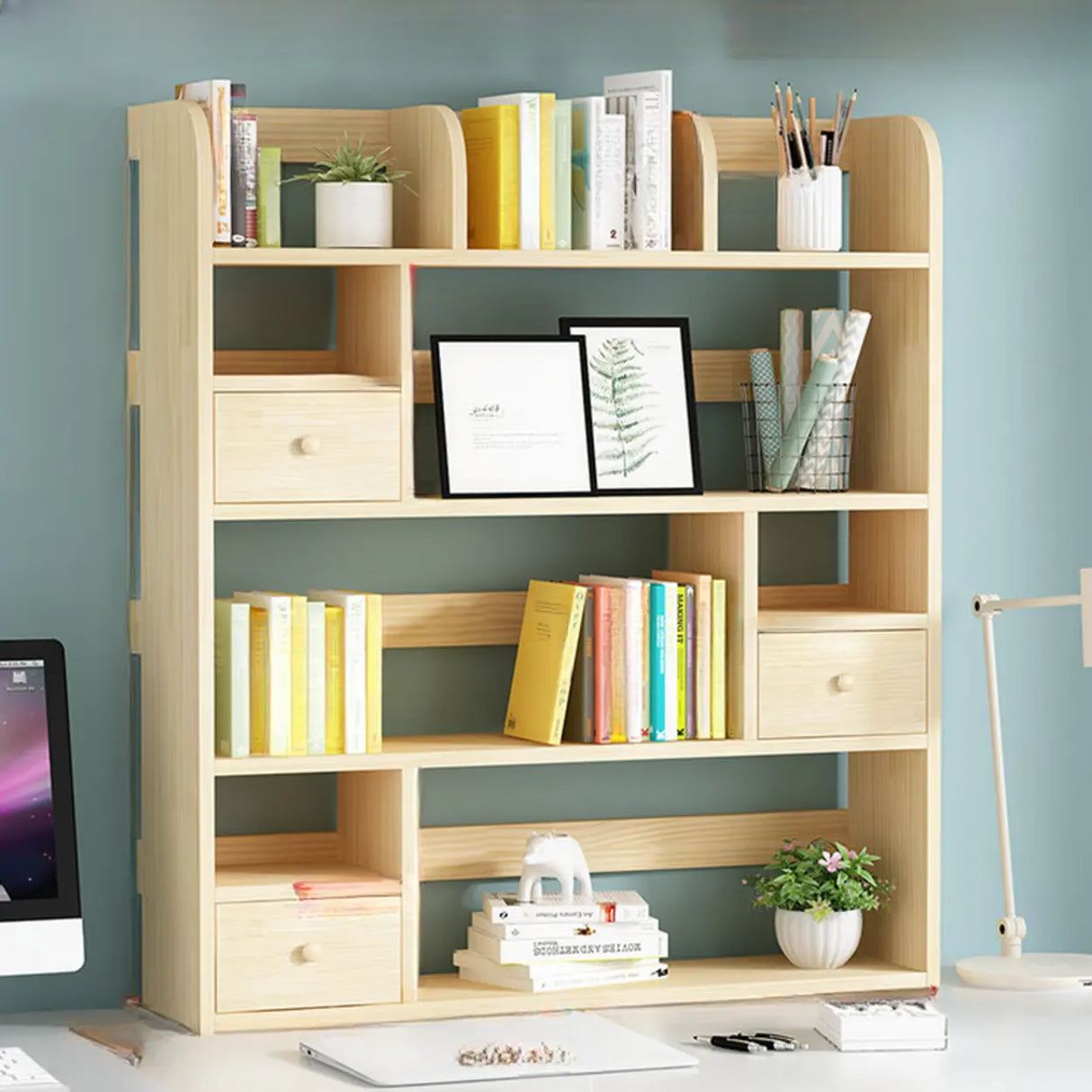 Simple Modern Desktop Wood Grain Storage Bookshelf Image - 25