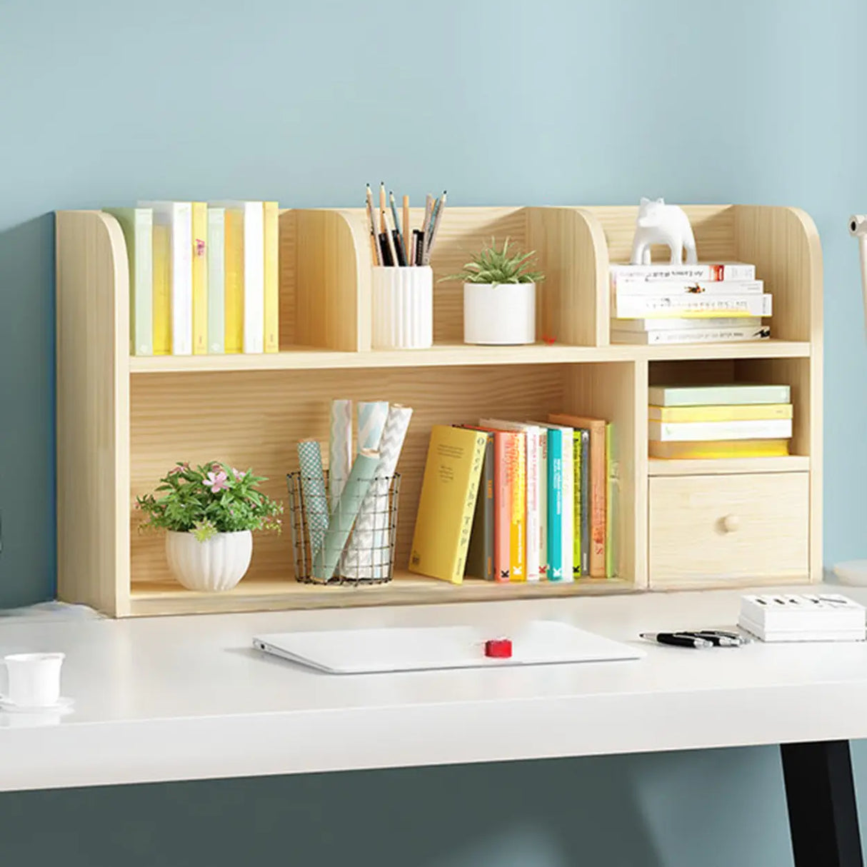 Simple Modern Desktop Wood Grain Storage Bookshelf Image - 26