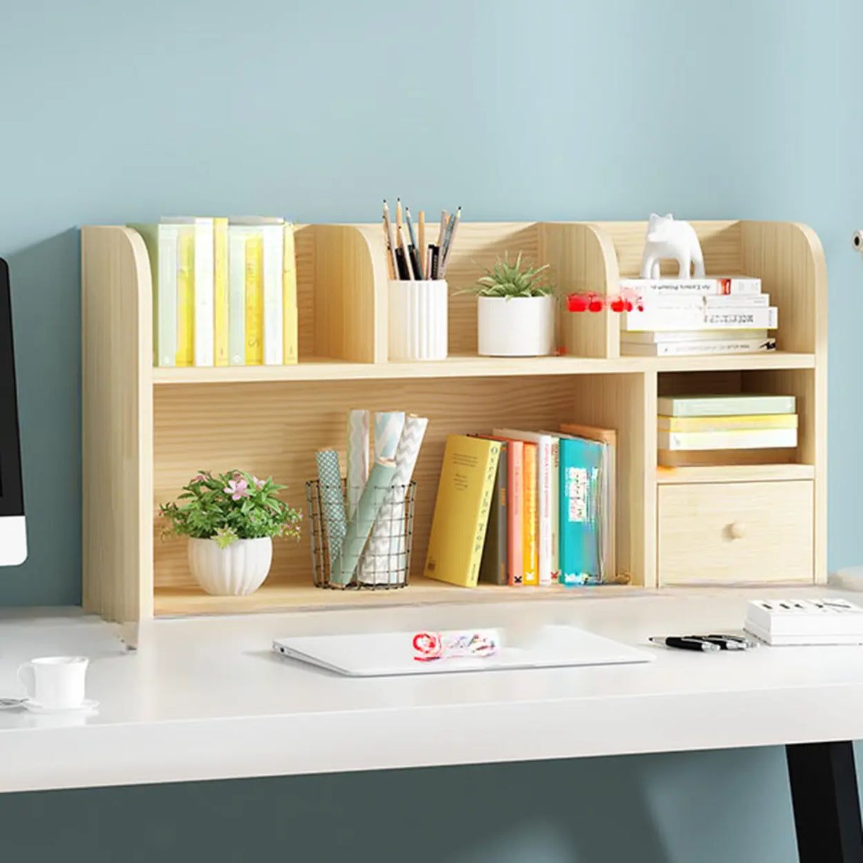 Simple Modern Desktop Wood Grain Storage Bookshelf Image - 28