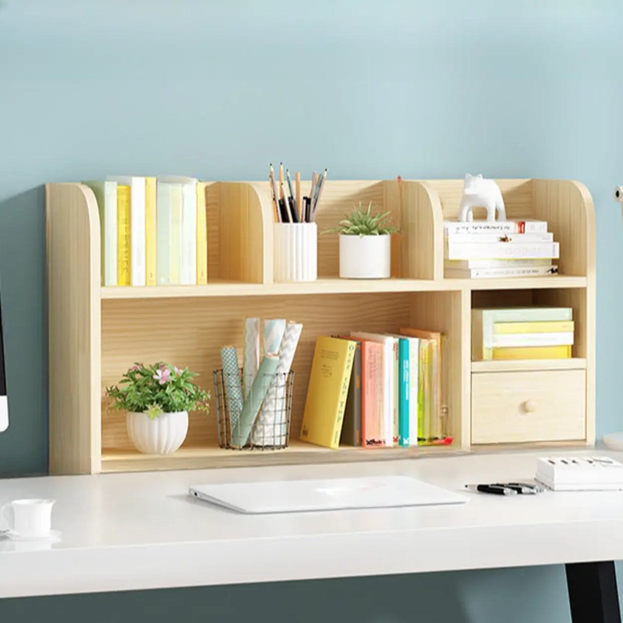 Simple Modern Desktop Wood Grain Storage Bookshelf Image - 32