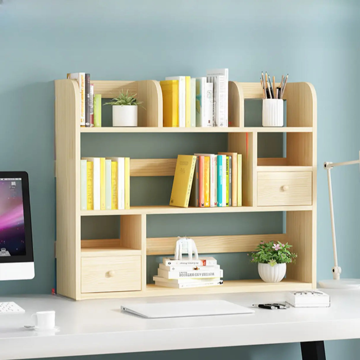 Simple Modern Desktop Wood Grain Storage Bookshelf Image - 38