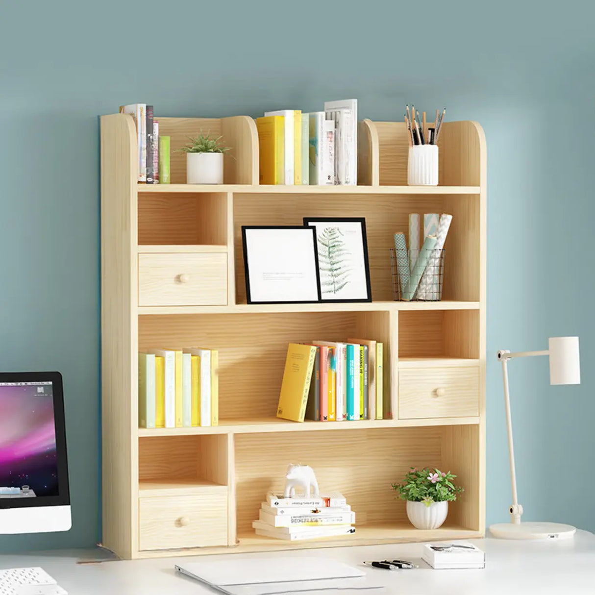 Simple Modern Desktop Wood Grain Storage Bookshelf Image - 5