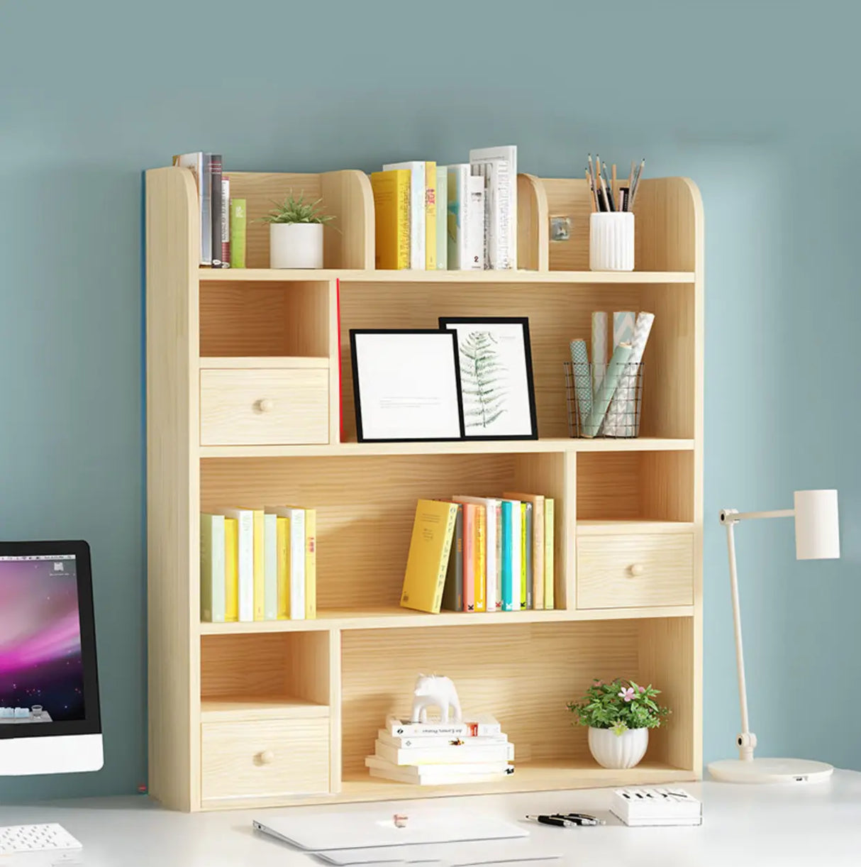 Simple Modern Desktop Wood Grain Storage Bookshelf Image - 6