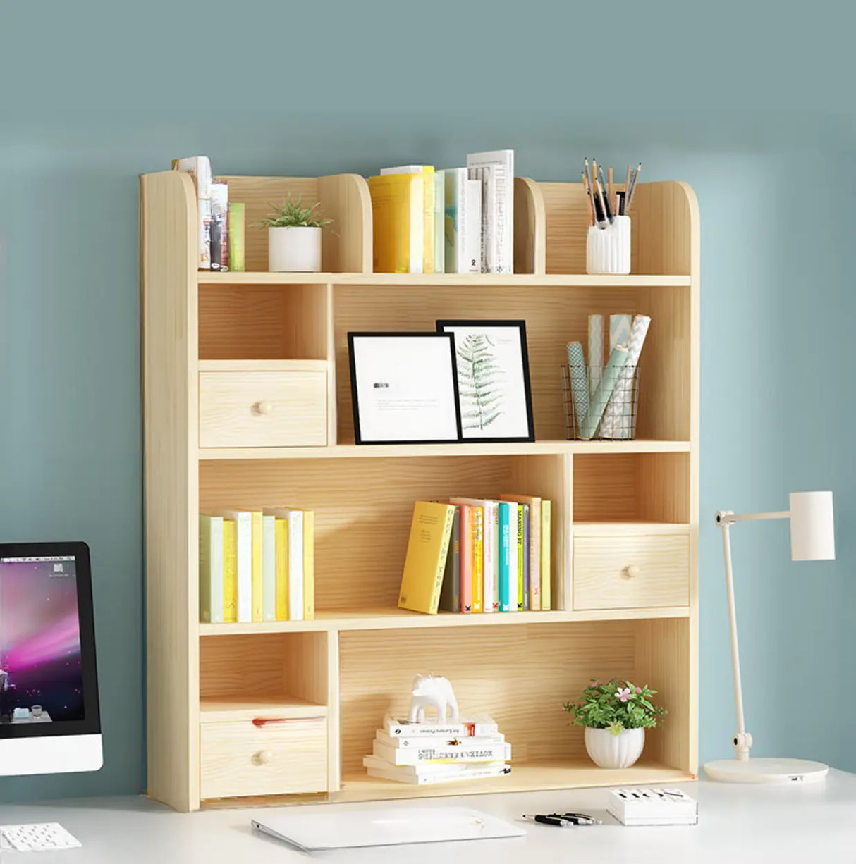 Simple Modern Desktop Wood Grain Storage Bookshelf Image - 8