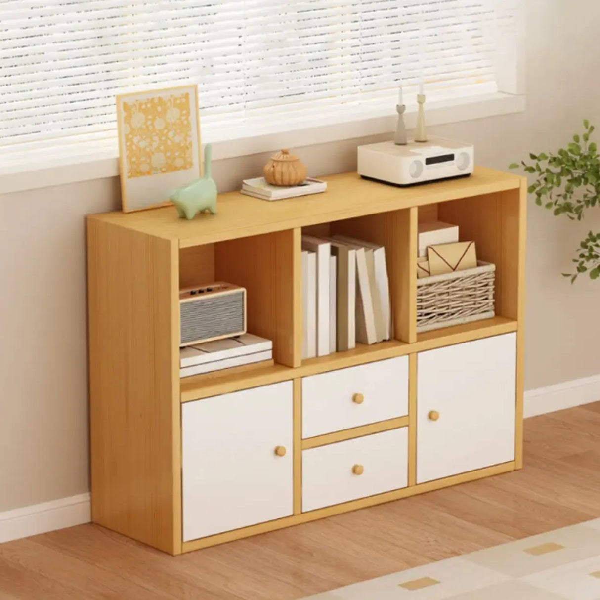 Simple Modular Drawers Wood Cube Short Bookcase Image - 1