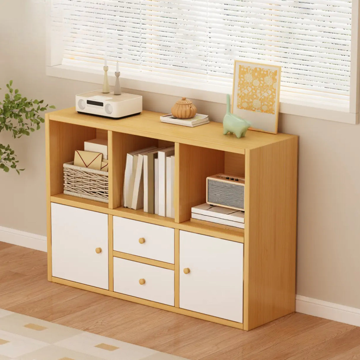 Simple Modular Drawers Wood Cube Short Bookcase Image - 10