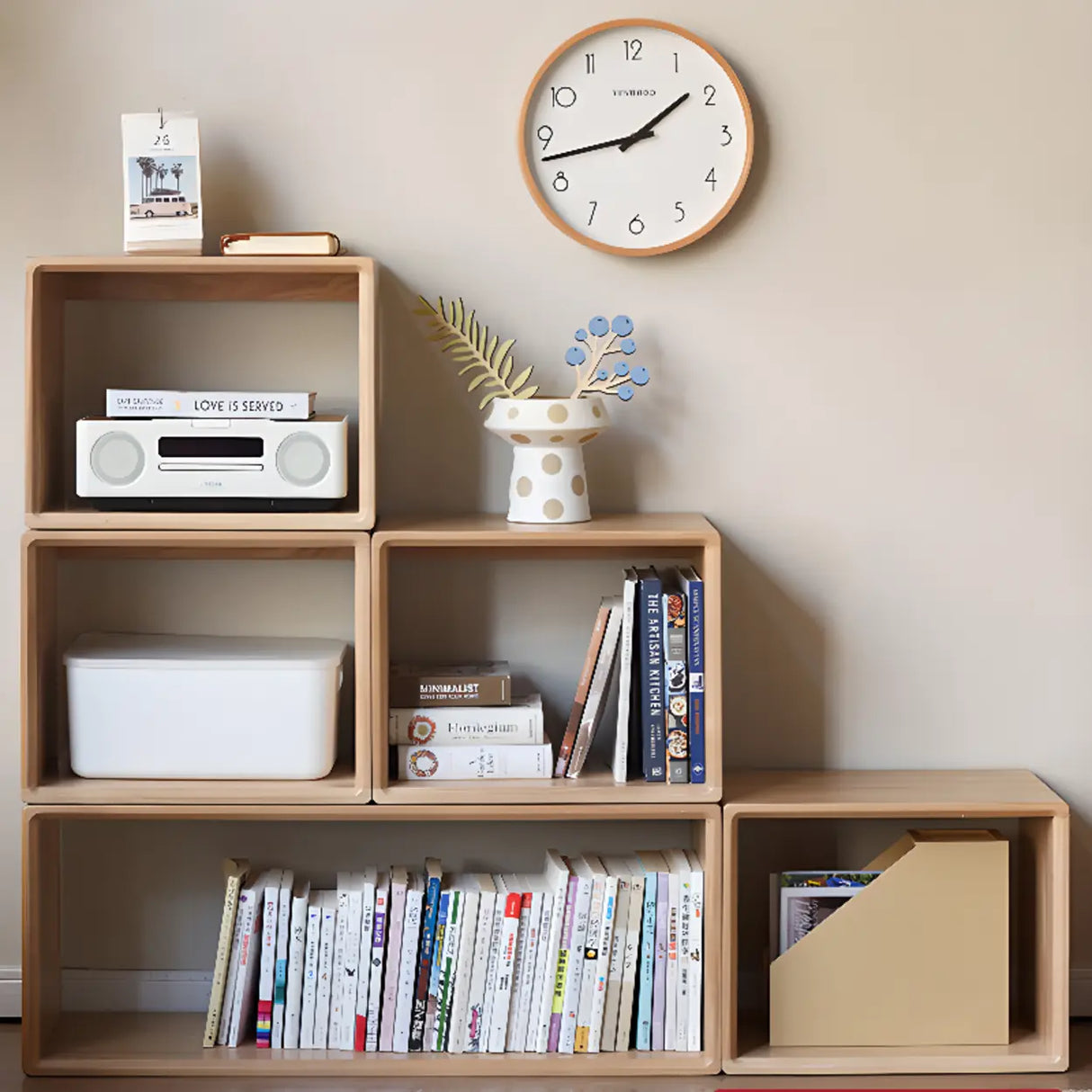 Simple Modular Wooden Cube Open Back Storage Bookcase Image - 1