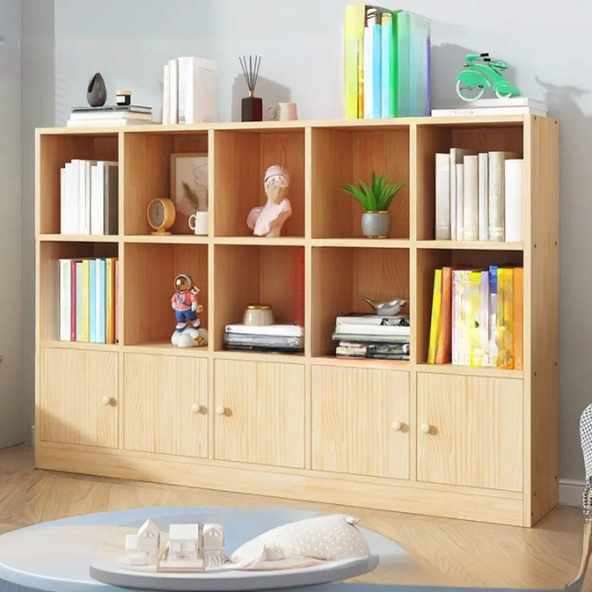 Simple Natural Finish Pine Closed Organizer Bookcase Image - 1