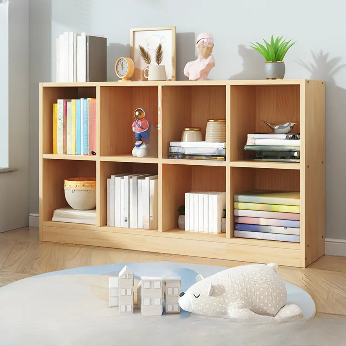 Simple Natural Finish Pine Closed Organizer Bookcase Image - 10