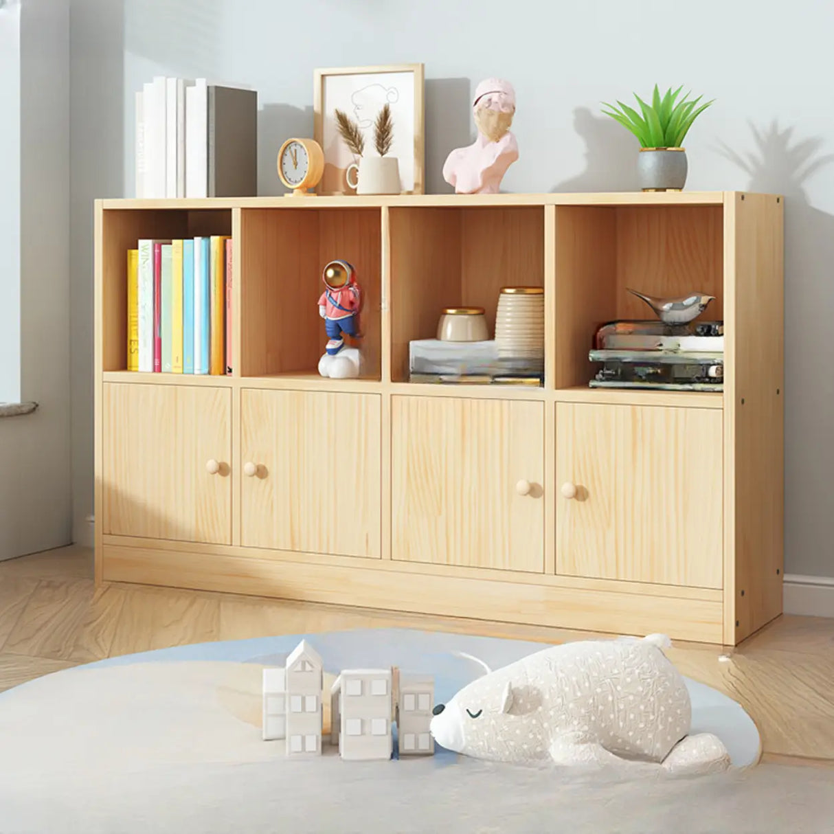 Simple Natural Finish Pine Closed Organizer Bookcase Image - 11