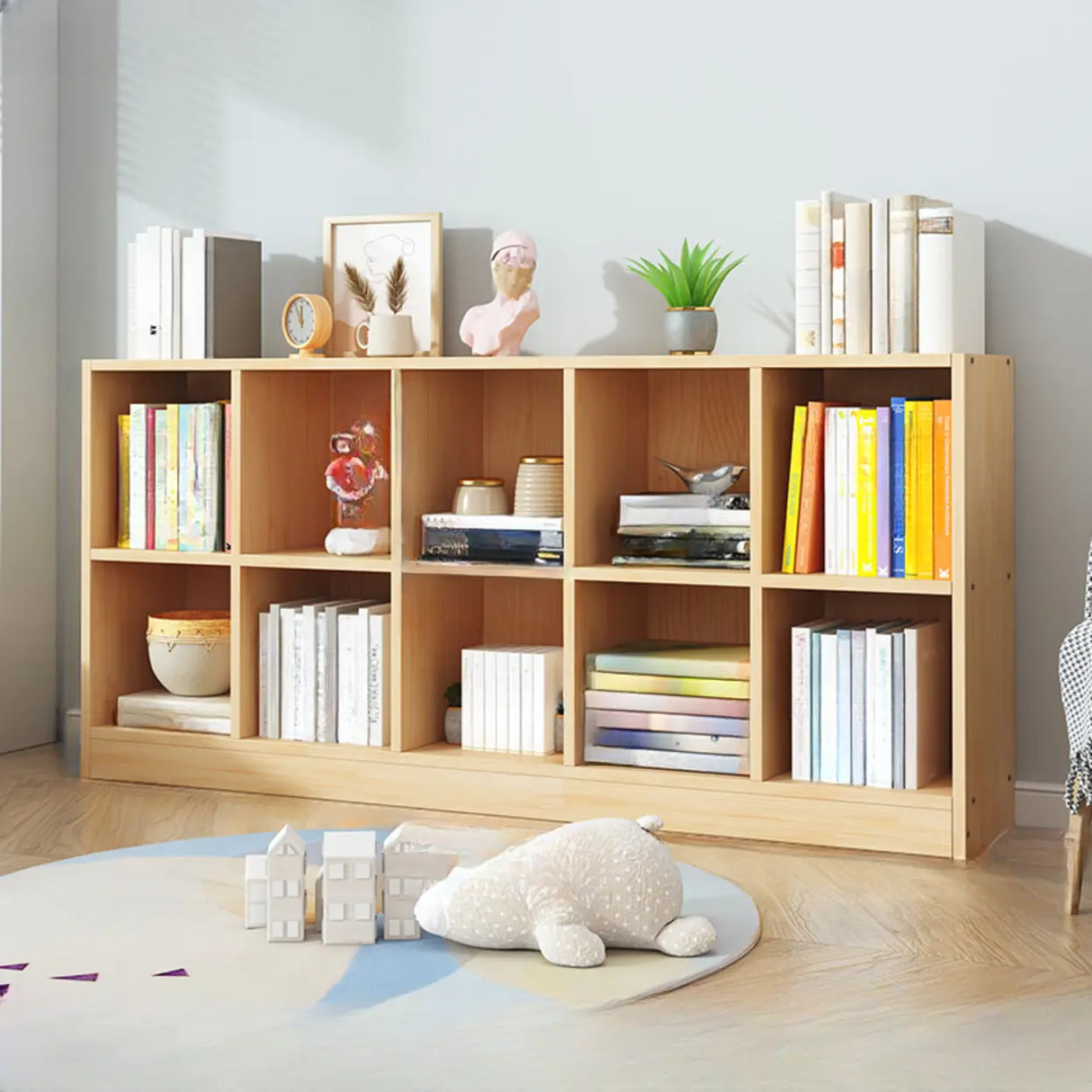 Simple Natural Finish Pine Closed Organizer Bookcase Image - 13