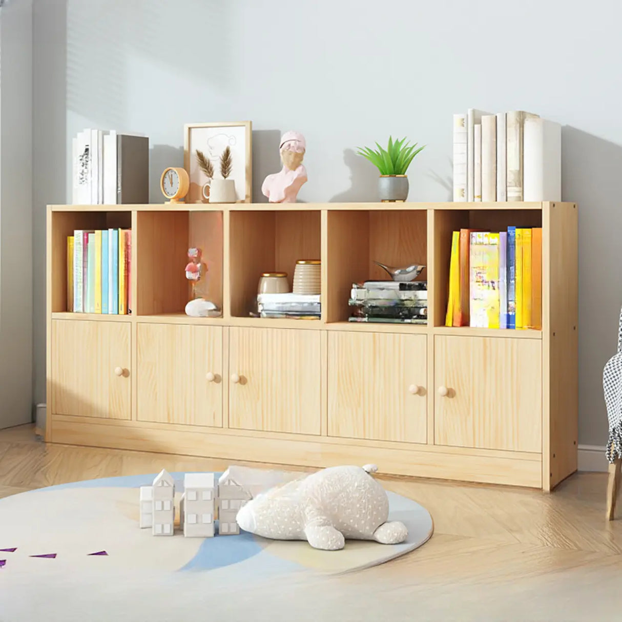Simple Natural Finish Pine Closed Organizer Bookcase Image - 15