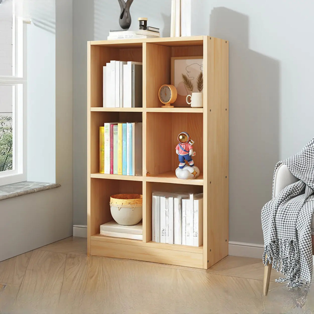 Simple Natural Finish Pine Closed Organizer Bookcase Image - 17